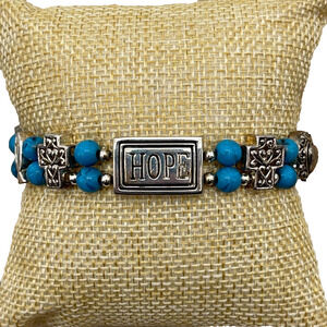 Silver-Toned Hope Love Faith Charm Bracelet with Turquoise Beads